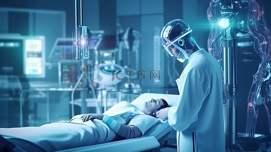 机器人辅助手术男性机器人和机器人医生在手术室一起工作 3D 插图渲染