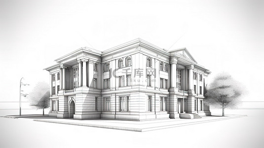 白色背景下建筑外立面设计概念的 3D 透视线框渲染