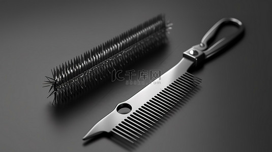 金属梳子和剪刀套装展示在 3D 渲染的时尚灰色背景上