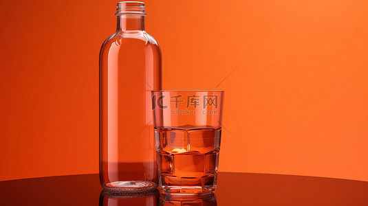 充满活力的橙色背景上的玻璃水瓶和玻璃的 3D 渲染