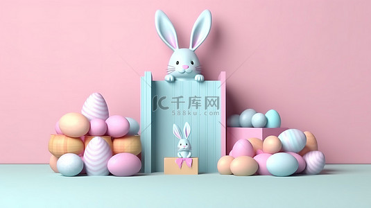 复活节兔子和彩蛋背景图片_节日复活节展示兔耳彩蛋和开放式礼品盒，上面有 3D 渲染的复活节快乐横幅