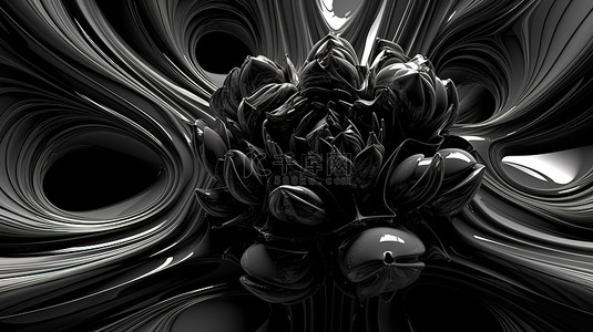 花朵异形背景图片_超现实的黑白艺术 3d 渲染弯曲的波浪形式与异形花