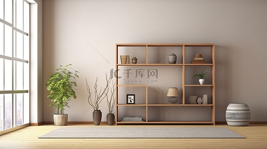 简约的日式客厅内部配有木制展示柜 3D 渲染