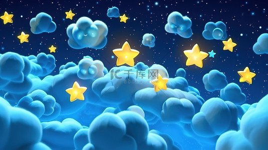 气泡想象框背景图片_夜空与卡通发光的星星白云和气泡 3D 渲染图像