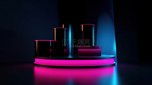 粉红色背景图片_深色背景，闪闪发光的黑色圆柱舞台讲台和蓝色粉红色灯光，用于 3D 演示