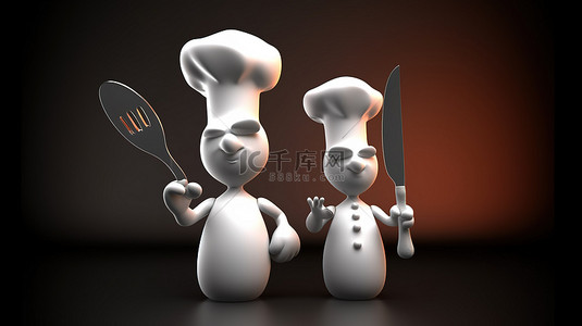 可爱菜单背景图片_挥舞勺子和叉子的 3d 厨师