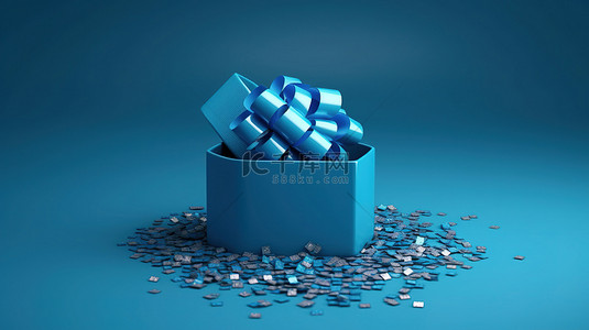 打开蓝色礼品盒横幅的 3D 圣诞节插图