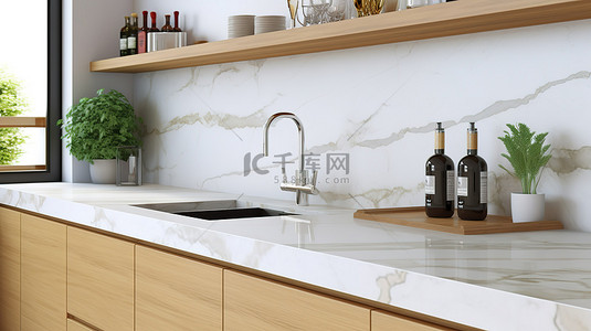 令人惊叹的 3D 渲染厨房橱柜水槽和厨具，配有大理石台面和木质触感