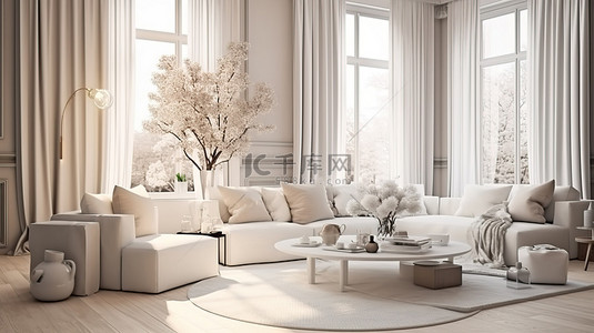 方案室内设计背景图片_现代而温馨的家居室内设计，设有起居室和餐厅模型，配有舒适的家具和时尚的装饰，采用白色配色方案 3D 渲染