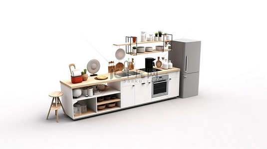 厨房用品背景图片_3D 渲染的白色背景中的模块化家具和厨房用具