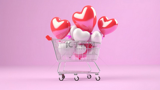 气球艺术字背景图片_情人节庆祝活动 3d 心形气球和粉色柔和背景购物车中的礼品盒