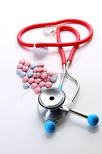 医生听诊器背景图片_白色背景上的医生听诊器，塑料容器中装有一些药丸和药物