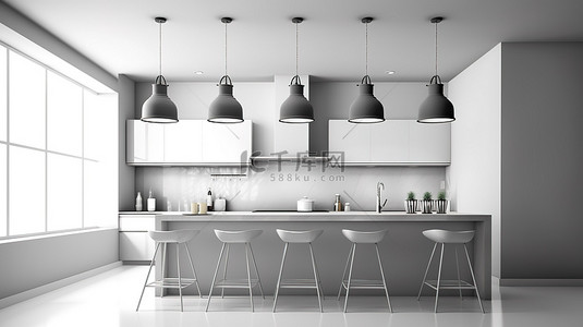 灯具背景图片_现代厨房设计中的时尚灯具，带有岛屿和凳子 3D 渲染