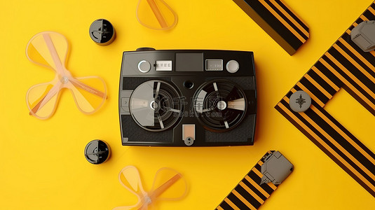 黄色背景上的电影拍板录像带胶片卷轴和 3D 眼镜的电影行业和娱乐的顶视图