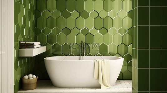白色浴室地板上橄榄绿多边形几何瓷砖的极端特写 3D 渲染