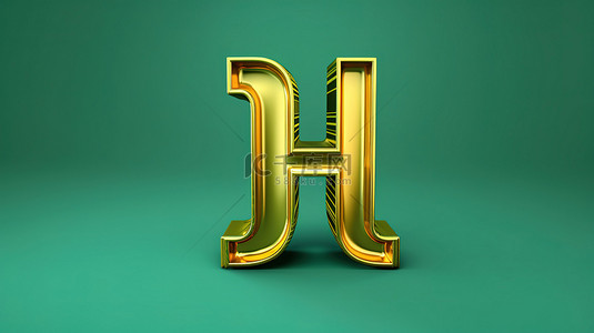 潮水绿色背景上大写的福尔图纳金色字母 h 的醒目 3D 渲染，带有时尚的字体类型符号