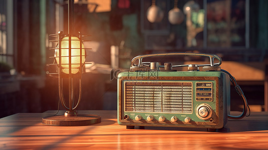 古董照片经典收音机和复古麦克风在 3D 渲染的乡村桌子上