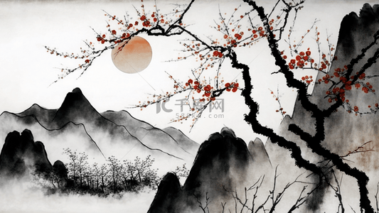 中式背景背景图片_中国风水墨山林梅树背景
