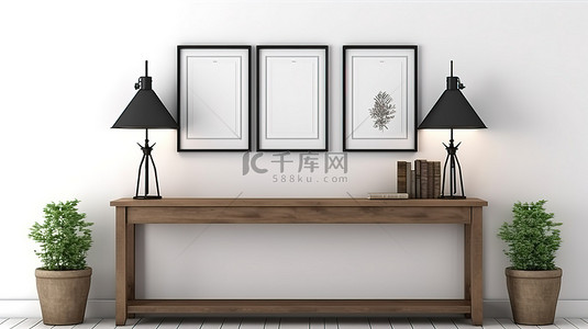 黑色方形背景图片_乡村风格的门厅质朴的木制控制台桌靠在白色的墙壁框架模型两个黑色方形框架显示 3D 渲染