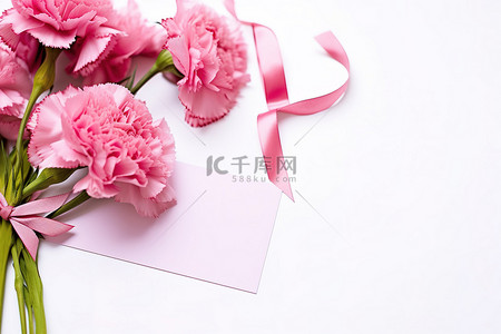母亲节高分辨率背景图片_康乃馨丝带和粉色感谢卡