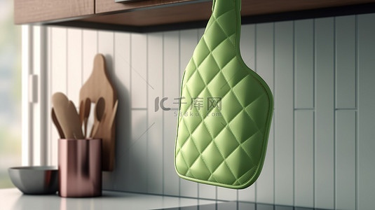 厨房模型挂在酒吧上的绿色烤箱手套和隔热垫
