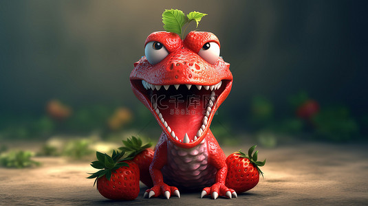 3D 插图中有趣的吃草莓的恐龙