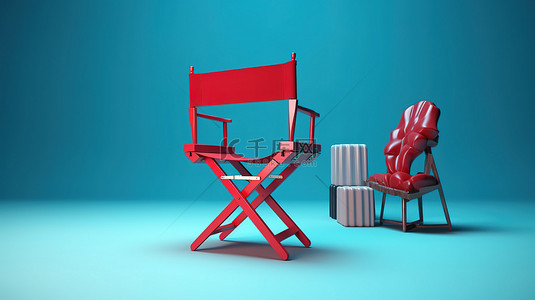 电影幕布背景图片_蓝色窗帘舞台上红色小导演椅的电影概念 3D 场景
