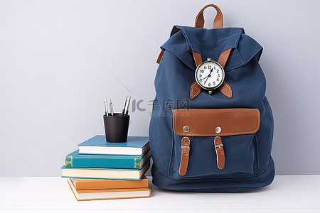 背包背景图片_白色桌子上的蓝色背包，上面有时钟