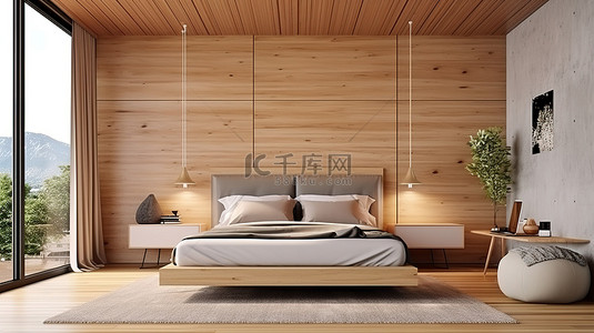 木质桌背景图片_木质装饰卧室的干净 3D 渲染