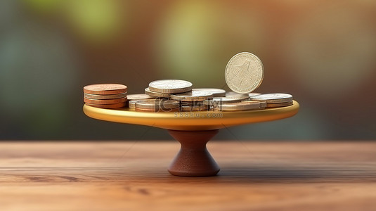 平衡金钱木制跷跷板上硬币堆的 3D 插图，带有复制空间，以节省金钱和投资比较平衡概念
