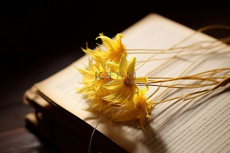 一朵黄色百合花躺在书上