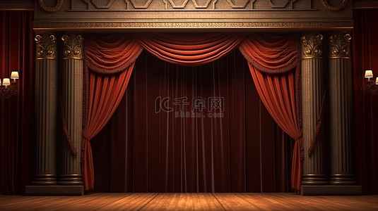 舞台或地板上电影院窗帘的经典窗帘模板的 3D 渲染插图