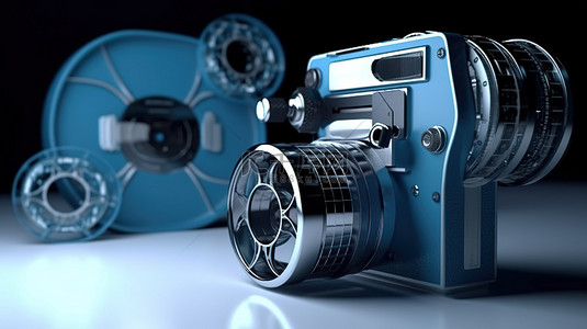 3D 渲染中的蓝色胶片相机和幻灯片非常适合文本或消息