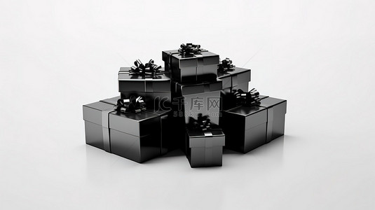 白色背景上孤立的黑色星期五礼品盒的 3D 渲染
