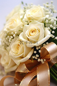 金色丝带，上面有几朵白玫瑰和满天星