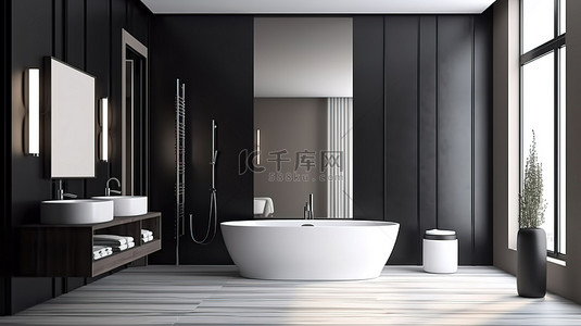分隔背景图片_现代浴室的时尚和流线型 3D 渲染，配有浴缸和分隔卧室的玻璃隔断