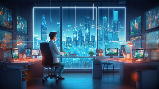 具有智能数据平台的虚拟办公室从事数字营销3D渲染的商人角色