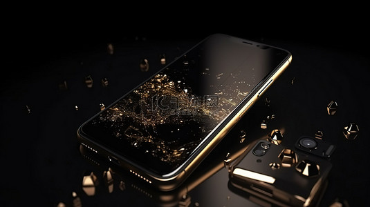 黑色粗糙背景智能手机样机设计豪华金色 3d 渲染场景