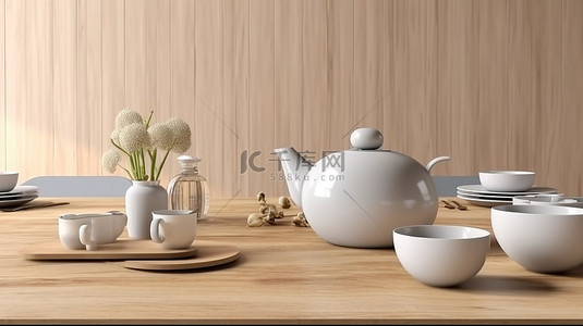 木质桌背景图片_时尚的厨房内部配有木质餐桌，特写 3D 渲染