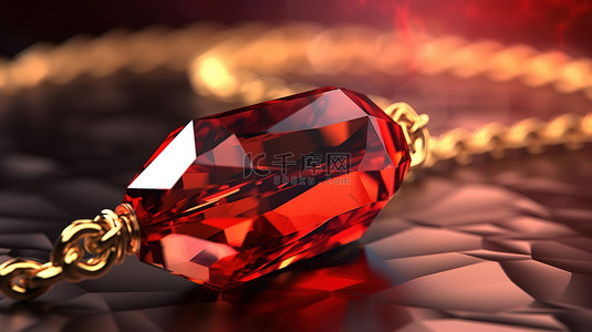 闪闪发光的金链 3D 渲染上闪闪发光的红宝石水晶吊坠