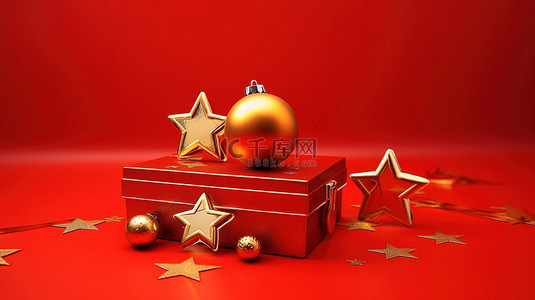 纸袋装饰背景图片_红色背景的 3D 插图，配有圣诞节和新年装饰，配有红色礼品盒金色和银色的球以及耀眼的金色星星