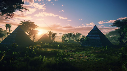 古金字塔的雨林 3d 插图的日落