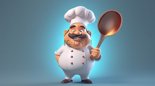 厨师拿着大勺子的 3D 卡通插图