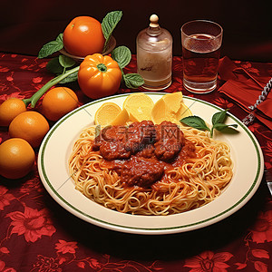 一张橙色的桌子，上面有意大利面条和鸡肉