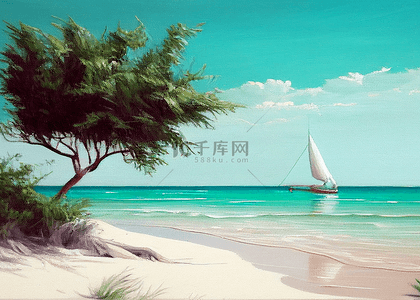 夏季海滩油画帆船背景