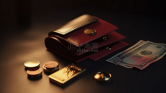 3D财富管理概念钱包账单硬币和信用卡堆栈的插图