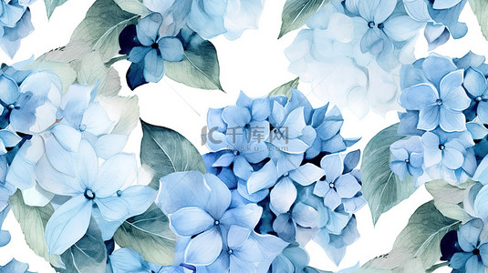 3D 水彩无缝打印，带有精致的蓝色绣球花