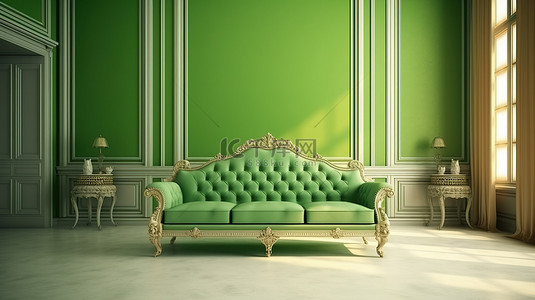 酒店背景图片_室内设计永恒的绿色调色板与舒适的沙发 3D 渲染房间