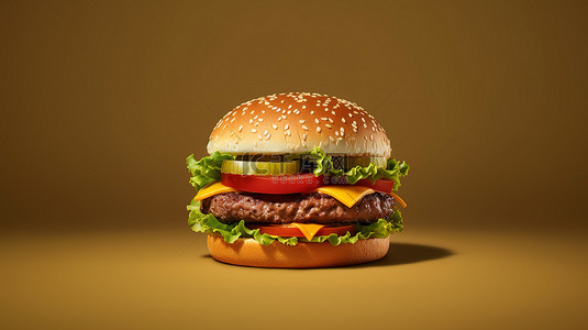 多汁的芝士汉堡，上面有新鲜蔬菜和洋葱 3D 插图，有充足的复制空间