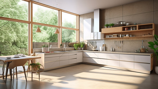 现代米色厨房家具，配有 3D 渲染的宽敞落地窗
